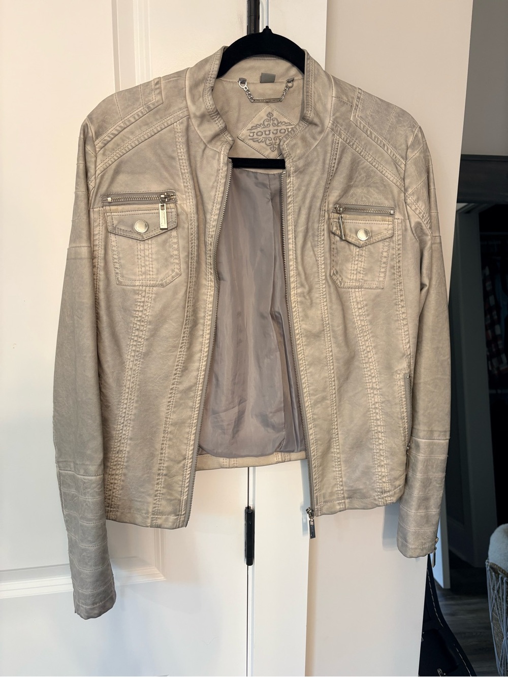 Jou Jou Light Taupe Faux Leather Moto Jacket